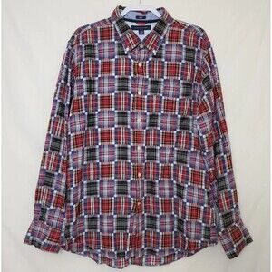 Tommy Hilfiger Slim Fit Shirt Men XL Red Blue Plaid Madras Long Sleeve Button Up